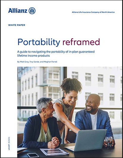 Cover of the Portability Reframed white paper with three professionally dressed individuals discussing documents at a table. The background shows an office environment with large windows.