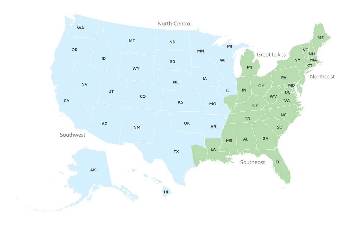 U.S. map showing which regions are supported by each Advisory Sales & Support Team contact. For more details, refer to the info below.