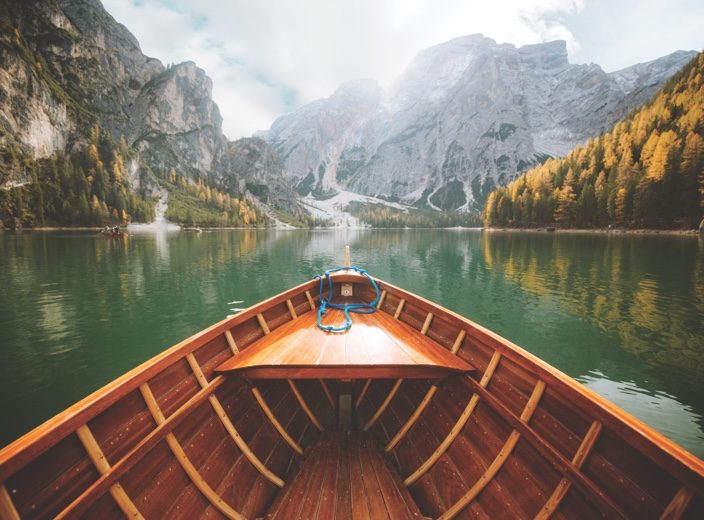 canoe on a mountain lake